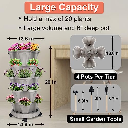 GameXcel Vertical Planter Tower - 5 Tier Stackable Garden Planters with Wheels and Tools Plant Pots for Strawberry Herb Flower and Vegetable Indoor Outdoor Use Gray - Image 5