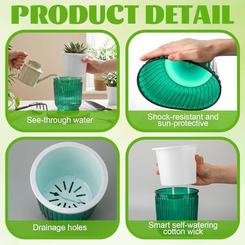 Set of 6 Self Watering Plant Pot 3 Sizes Plastic Double Layer Self Watering Flower Pot with Multi Mesh Drainage Holes Wicking Reservoir for Indoor Outdoor Garden Plants(Green) - Image 3