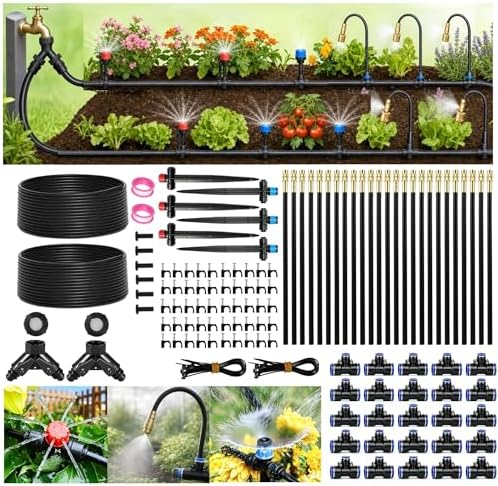 180FT Drip Irrigation System Bundle: 50FT + 130FT 1/4" PE Tubing with 31 Adjustable Misting Sprinklers & Nozzles – Quick Connect Automatic Watering Kit for Raised Bed, Garden, Greenhouse, Lawn, Outdoo by Unknown