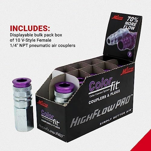 Milton 764VC ColorFit HIGHFLOWPRO V-Style Air Couplers, 1/4" FNPT Female Quick Connect, Purple Color-Coded High-Flow Fittings, Up to 70% More Airflow, 300 PSI, Box of 10 - Image 3