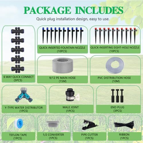82FT Drip Irrigation Kit, 1/4-inch Drip Irrigation Emitter, Fan-Shaped Drip Irrigation Emitter, Quick-Connect Automatic Drip Irrigation System, Suitable for Watering Plants in Flowerpot Elevated Bed. - Image 2
