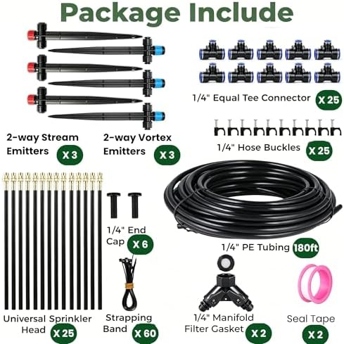 180FT Drip Irrigation System Bundle: 50FT + 130FT 1/4" PE Tubing with 31 Adjustable Misting Sprinklers & Nozzles – Quick Connect Automatic Watering Kit for Raised Bed, Garden, Greenhouse, Lawn, Outdoo - Image 6