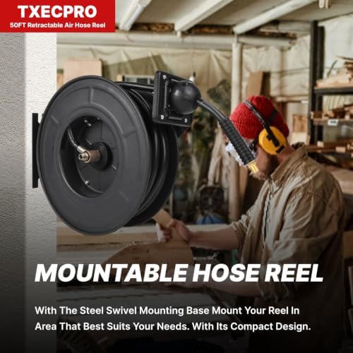 Retractable Air Hose Reel, 3/8 IN x 50 FT Hybrid Air Hose Max 300 PSI, Air compressor hose reel with 5 ft Lead in, Ceiling/Wall Mounted air hose reel,Heavy Duty air tool - Image 2