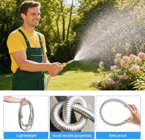 Heavy Duty Stainless Steel Garden Hose – 25FT Flexible Metal Water Hose, Anti-Kink & Crush Resistant, Leakproof Brass Fittings, Adjustable Brass Nozzle – Perfect for Lawn Watering, Car - Image 3