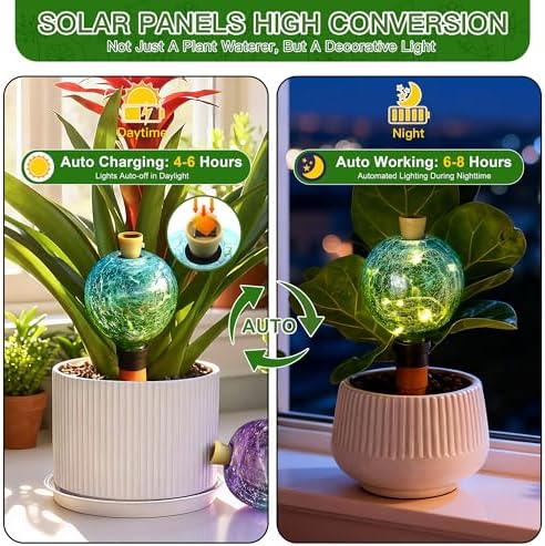 SAVENNA Crackle Glass Plant Watering Globe with Terracotta Spike,Self-Watering Irrigation for Potted Plants, with Solar Accent Light for Indoor & Outdoor Décor, 17oz, Blue–Green Gradient - Image 3