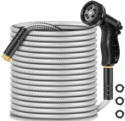 Garden Hose 75 ft, Heavy Duty Stainless Steel Metal Water Hose with 8 Function Nozzle, No Kink, Leak-proof and Lightweight, Easy to Use and Sturdy, Puncture-Proof Outdoor Yard Hose by Unknown