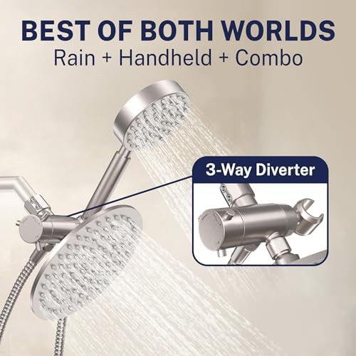 HammerHead Showers® Solid Metal Dual Shower Head Combo – BRUSHED NICKEL – 8 Inch Rainfall High Flow Shower Head & Handheld Shower Head High Pressure with Hose 6ft - Hotel-Like Double Shower Heads - Image 3