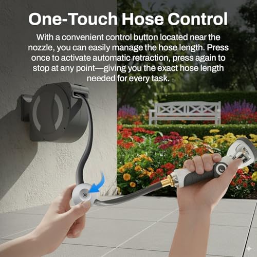 Betta EaseReel Battery-Powered Wall-Mounted Retractable Hose Reel, with Quick-Access Dual Hose Length Control, 8 Spray Patterns Nozzle, Automatic Roll-Up & Tangle-Free Hose Guide (1/2'', 78FT/23m) - Image 2