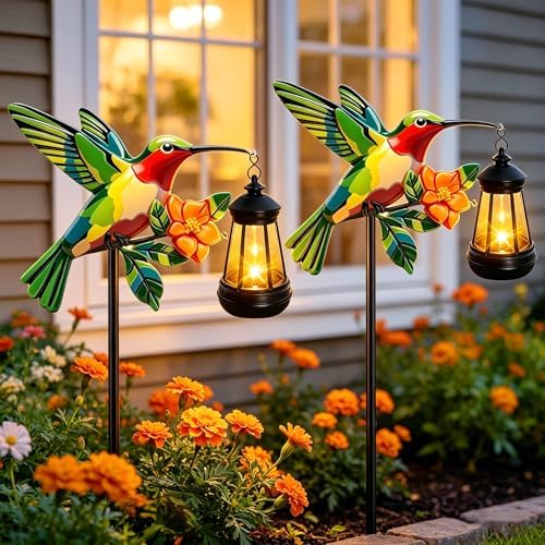 2 Pack Hummingbird Solar Garden lights Outdoor Waterproof, Gifts for Women Mom Grandma Daughter, Stake lights with Solar Lantern, Hanging Solar Lights, Solar Path Light Yard Outside Patio Garden Decor by YJFWAL
