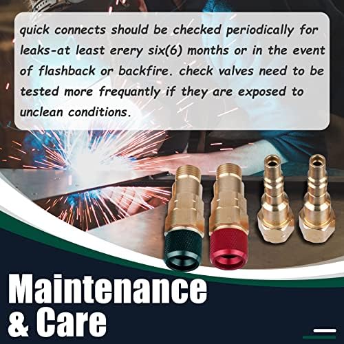 QDB10 Torch to Hose Quick Connect Kit, Precision Brass with Check Valves, 9/16" B Thread, Red Fuel/Green Oxygen Color Coded Couplers, 29PSI Fuel & 145PSI Oxygen Rated for Welding Cutting Torch Hoses - Image 5