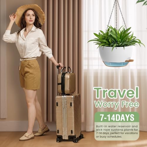 2 Pack 12 Hanging Flower Pots with Chains Self Watering Plastic Planters for Indoor Outdoor Plants, Sturdy Triangular Iron Chain Design for Garden PorchPlastic hanging flower pots (2, White-brown) - Image 5