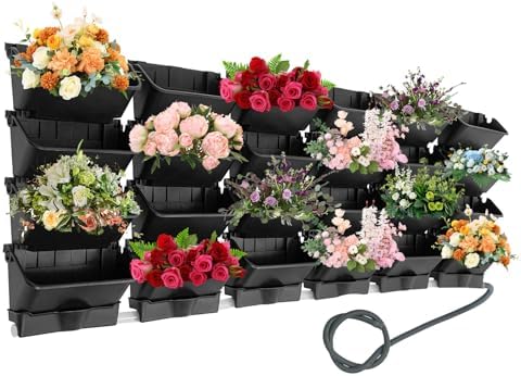 Vertical Wall Planter for Indoor Plant-Walls Mounted Pot with 6 Drainage Tray 24 Pack, with 6.56ft Drainage Pipe, for Decor, Plastic Pots Balcony Planters, Plants Hanging (24, Black) by kunghei