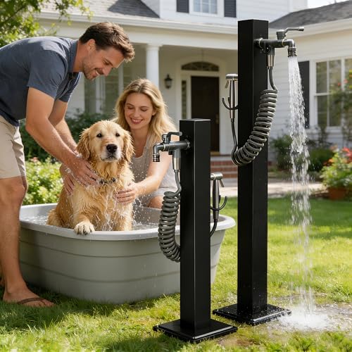 304 Stainless Steel Outdoor Vertical Square Garden Water Column, Freestanding Hose Stand with 2 in 1 Double Brass Faucet and Spray Gun, Black Yard Hydrant for Backyard and Irrigation (Black, 23.6 in) - Image 4