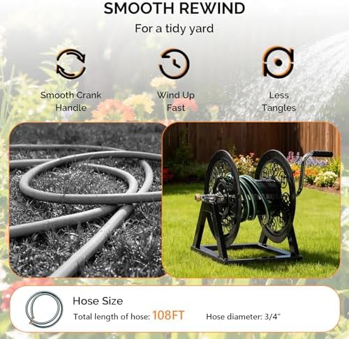 VINGLI Decorative Hose Reel, Wall Mount Water Hose Reel for Garden Outside with Heavy Duty Portable Rolling Design Metal, 108FT Capacity for 3/4" Hose for Outdoor Use (Black) - Image 5