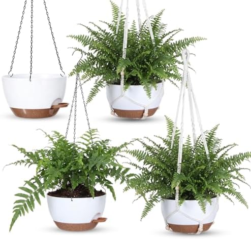 Sliner Set of 4-10 Inch Self Watering Hanging Planters Includes Hanging Pots and Outdoor Hanger Plant Pots with Drainage Holes 2 Types of Hanger Basket Hooks for Patio Garden(White Brown) by Sliner