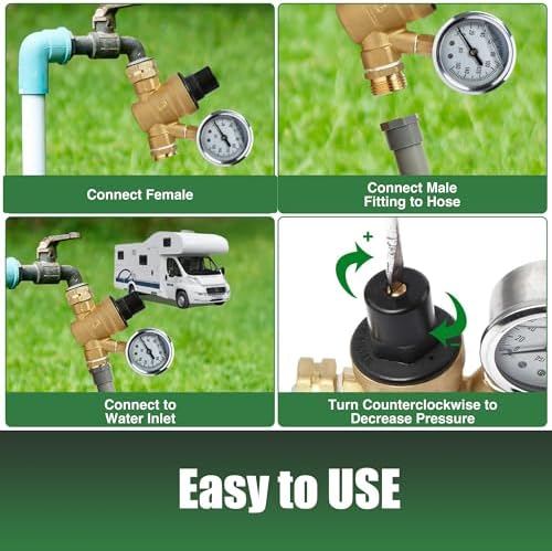 U.S. Solid 3/4 in GHT RV Water Pressure Regulator, Screwdriver-Adjustable Lead-Free Brass Valve with 0-160 psi Gauge and Inlet Filter, for RV Camper Trailer and Garden Hose - Image 4