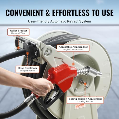 VEVOR Fuel Hose Reel, 3/4 inch x 66 ft Retractable, Spring Driven Auto Swivel Rewind, 300 PSI, Heavy-Duty Carbon Steel Construction with Industrial Grade Rubber Hose, for Diesel Fuel, Kerosene - Image 4
