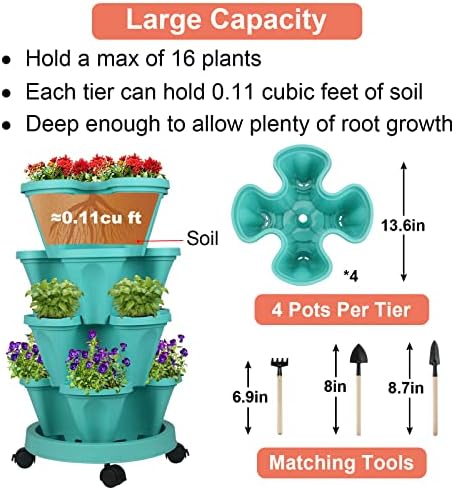 GameXcel Vertical Planter Tower - 4 Tier Stackable Garden Planters with Wheels and Tools Plant Pots for Strawberry Herb Flower and Vegetable Indoor Outdoor Use Teal - Image 5