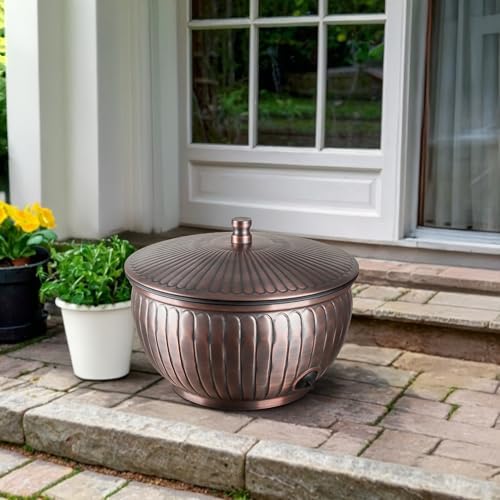 Monarch Abode Garden Hose Holder with Lid – Decorative Water Hose Holders for Outside, Arch Embossed Metal Antique Copper Pot with Drainage, 100ft Waterhose Holder for Outside, Garden Storage Caddy - Image 2