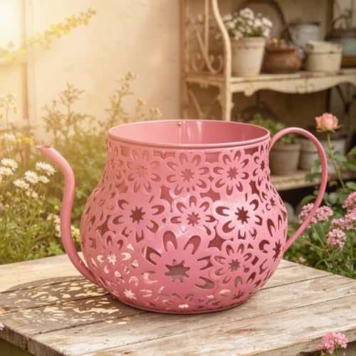 Generic Outdoor Decorative Container Watering Can Planter Flower Pot Metal Planter with Perforated Floral Pattern Rustic Vintage Iron Finish Suitable for, Bronze - Image 3
