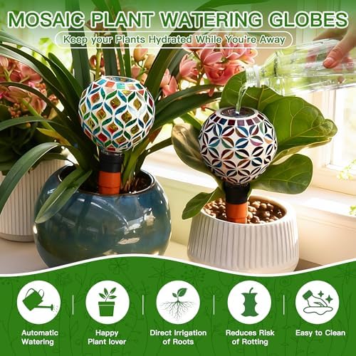 VOREEN Mosaic Plant Watering Globes with Terracotta Spikes, Decorative Glass Watering Globes for Potted Plants, Garden Accent & Thoughtful Gift, Set of 2 - Image 2