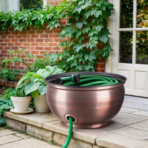 Monarch Abode Garden Hose Holder with Lid – Decorative Water Hose Holders for Outside, Smooth Metal Antique Copper Pot with Drainage, 100ft Waterhose Holder for Outside, Garden Storage Caddy - Image 6