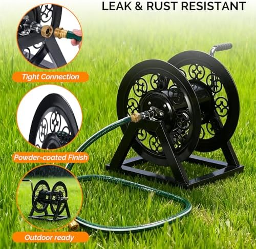 VINGLI Decorative Hose Reel, Wall Mount Water Hose Reel for Garden Outside with Heavy Duty Portable Rolling Design Metal, 108FT Capacity for 3/4" Hose for Outdoor Use (Black) - Image 3