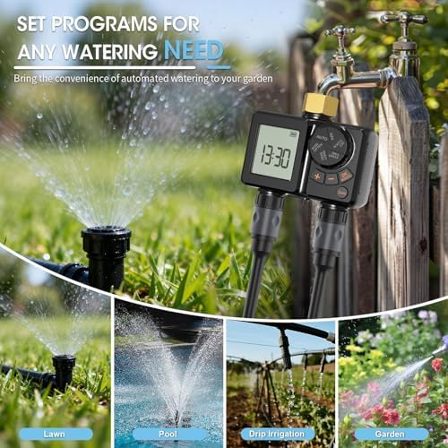 2 Zone Sprinkler Timer, USB Rechargeable Water Timer for Garden Hose, IPX6 Rainproof Dual Outlet Irrigation Controller with Rain Delay & 2.8 Inch Display for Potted Plants (BSP3/4” Thread) - Image 4