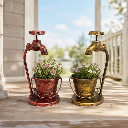 Rustic Faucet‑Shaped Metal Planter, Vintage Bucket Plant Pot, Detachable Multi‑Purpose Succulent Planter Desktop Decor Entryway Yard Decor,Red Copper - Image 2