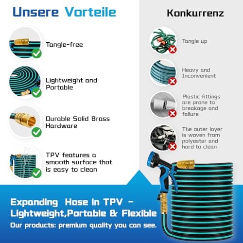 Expandable Garden Hose, Expandable Hose With 10 Pattern Spray Nozzle, TPV Material Flexible, Durable, Kink-Free, Brass Fittings Water Hose Expandable (Blue, 100FT) - Image 4