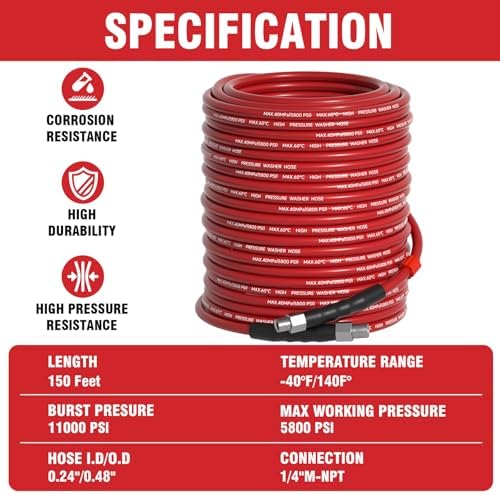 Sewer Jetter Kit 150FT for Pressure Washer, 5800 PSI Drain Cleaner Hose 1/4 Inch NPT with Spray Nozzle, Button Nose and Rotating Sewer Jetting Nozzle, Spanner Teflon Tape Pearl Corsage Pin - Image 2