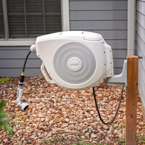 Garden Hose Reel Retractable 1/2" x 130ft Wall Mounted Hose Reel Automatic Rewind, Any Length Lock with 9 Patterns Sprayer Nozzle, Quick Connector and Adjustable shot Nozzle- Cloud White - Image 3
