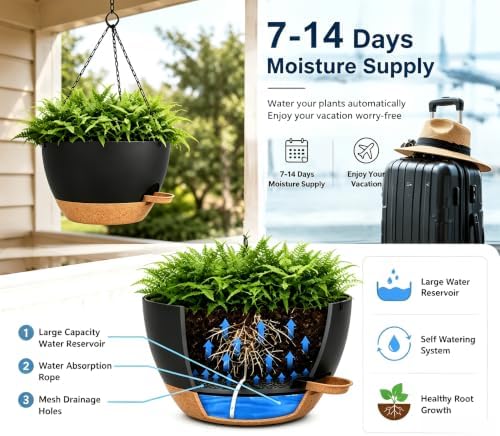 12" Self Watering Hanging Planters with Chains, Black Brown，2 Pack - Image 2
