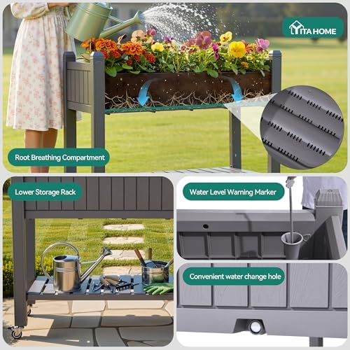 YITAHOME 3.6x1.5x2.8 FT Elevated Garden Bed Kit with Legs and Wheels, Outdoor Large Resin Planter Box Stand with Drain Plug and Storage Shelf for Plants Vegetables Fruits, Light Brown - Image 2