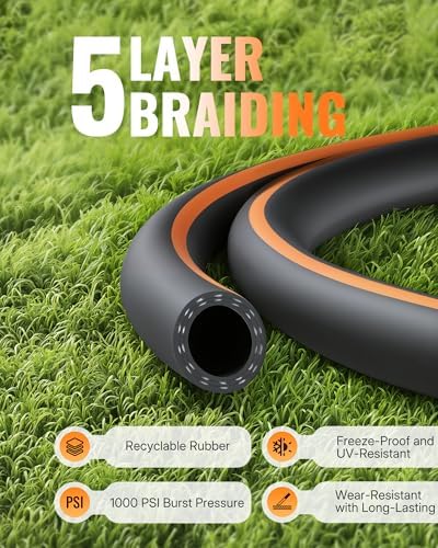 100FT x 5/8" Rubber Garden Hose, Heavy Duty Garden Water Hose, 300 PSI Working, 1000 PSI Burst, Swivel Handle with Stainless Steel Ring, 5-Layer Braided, All-Weather Outdoor Use, BG100GH06 - Image 3