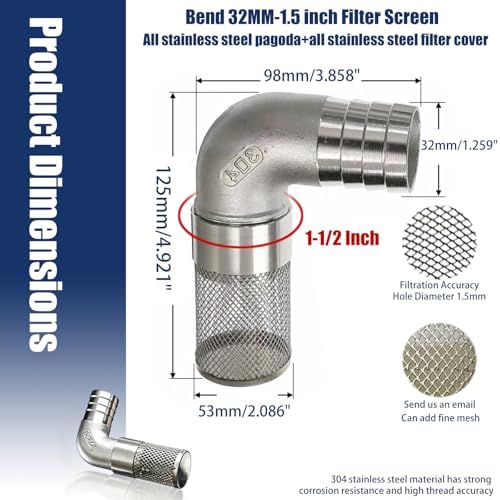 304 Stainless Steel Garden Hose Strainer, 90 Degree Elbow Inlet Filter Screen, Suitable for Water Pumps, Aquariums and Garden Irrigation, Including Hose Clamps and Sealing Tape (32mm 1-1/2inch) - Image 2
