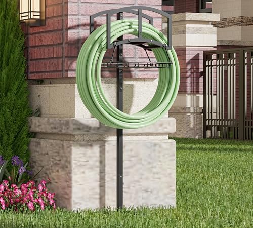 Garden Hose Holder with Storage Basket - Heavy-Duty Freestanding Hose Organizer, Black Powder-Coated, Detachable Design Holds 150FT Hose, Includes Assembly Tools for Lawn, Yard, and Garden - Image 6
