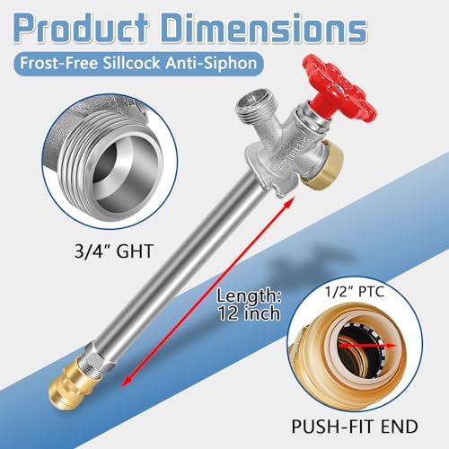 Boltigen 12inch Anti-Siphon Frost Free Sillcock, No Lead Brass Frost Proof Outdoor Faucet Bib with Backflow Preventer, 1/2" Push-to-Fit Connector X 3/4 Inch Hose Bibb Frost Free Spigot - Image 6