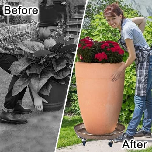 Plant Drip Trays Plant Tray Round Metal with Lockable Wheels and Drain Tray for Indoor Outdoor Flower Pot(Red,46cm/18in) - Image 2
