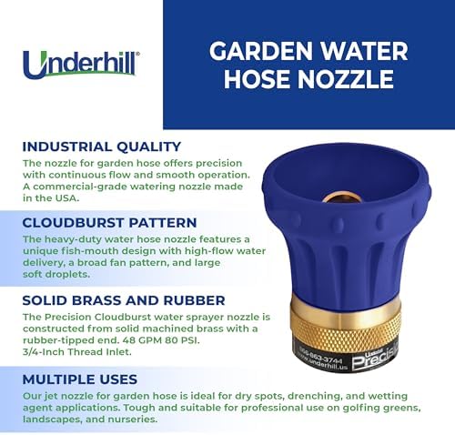 Underhill Precision Cloudburst Garden Water Hose Nozzle, Sprayer, 48 GPM 80 PSI, 3/4-Inch Thread Inlet, Heavy-Duty Brass and Rubber, HN4800 - Image 3