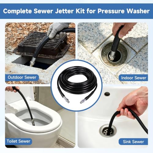 200FT Sewer Jetter Kit for Pressure Washer, 5800PSI, 1/4 Inch NPT Drain Cleaner Hose Sewer Jetting with Rotating Corner Button Nose Nozzle for Pipe Cleaning - Image 4