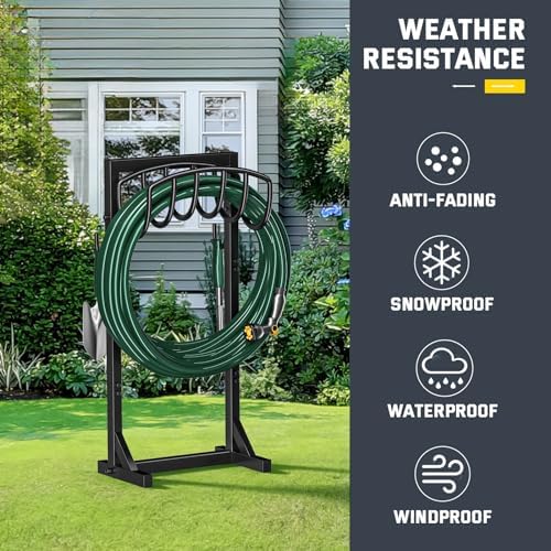 Kesfitt Garden Hose Holder Stand with 4 Spikes & 2 Tool Hooks, Detachable Heavy Duty Metal Freestanding Hose Reel Outdoor Organizer for Lawn Yard Water Storage Rack - Image 5
