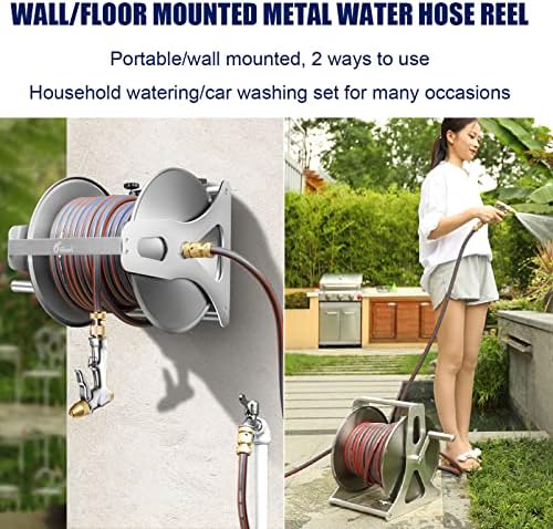 Garden Hose Reel 1/2 Inch Heavy Duty Hose, Outdoor Portable Stainless Steel Hose Storage Stand with Crank, Wall/Floor Mounted Water Pipe Car Roll Hose Holder, Patio Hoses Butler Rack Swivel Bracket - Image 3