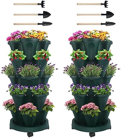 GameXcel Vertical Planter Tower - 5 Tier Stackable Garden Planters with Wheels and Tools Plant Pots for Strawberry Herb Flower and Vegetable Indoor Outdoor Use Green 2 Pack by GameXcel