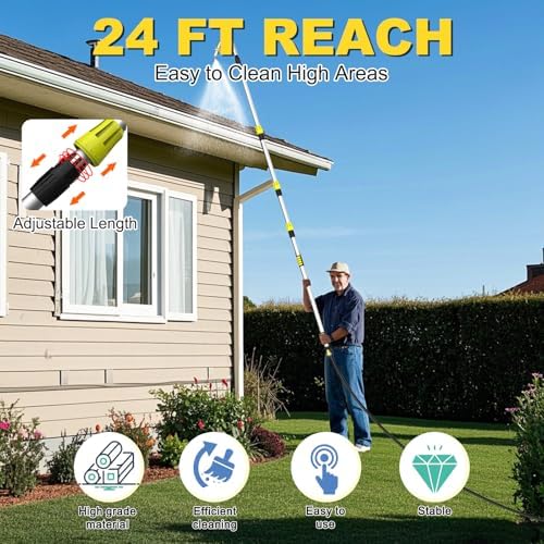 Buyplus 16FT(24FT Reach) Telescopic Gutter Cleaning Tools from The Ground, Rain Gutter Cleaners Tool with 360°Rotatable Metal Nozzle, Extension Pole, Hose Attachment, Watering Wand for Garden Hose - Image 2