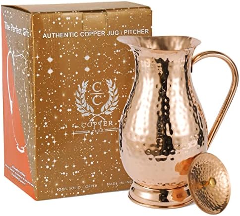 Pure Copper Pitcher with a Lid, Large Size Solid Handcrafted Copper Water Hammered Jug, Capacity 70 Oz/2000ml, Copper Carafe For Home, Hotels & Gifting by CopperCure