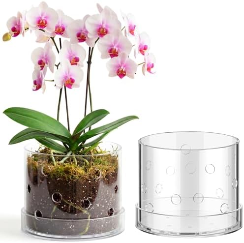 6 Inch Clear Acrylic Orchid Planter Pot with 360° Round Holes & Tray by Yiyiring