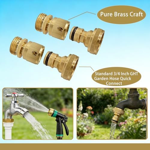 3/4 Inch GHT Solid Brass Garden Hose Quick Connect Fittings, Water Hose Connectors with Leak-Proof Seal for Outdoor Gardening and Cleaning Use (6, Gold) - Image 5