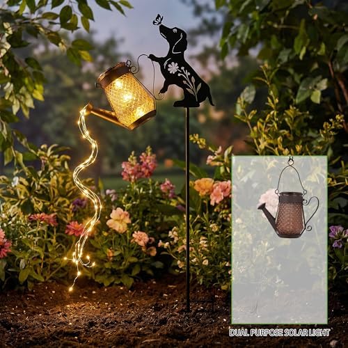 Solar Watering Can Light Dog Stake 37in Garden Waterfall LED Outdoor Art - Image 2