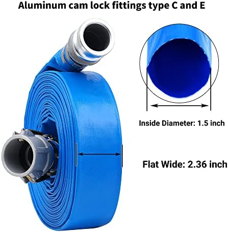 1-1/2" x 50ft PVC Lay Flat Discharge Hose With Aluminum Camlock C & E Fittings, Cam Lock Fitting, Heavy Duty Reinforced Pump Backwash Hose Assembly - Image 2